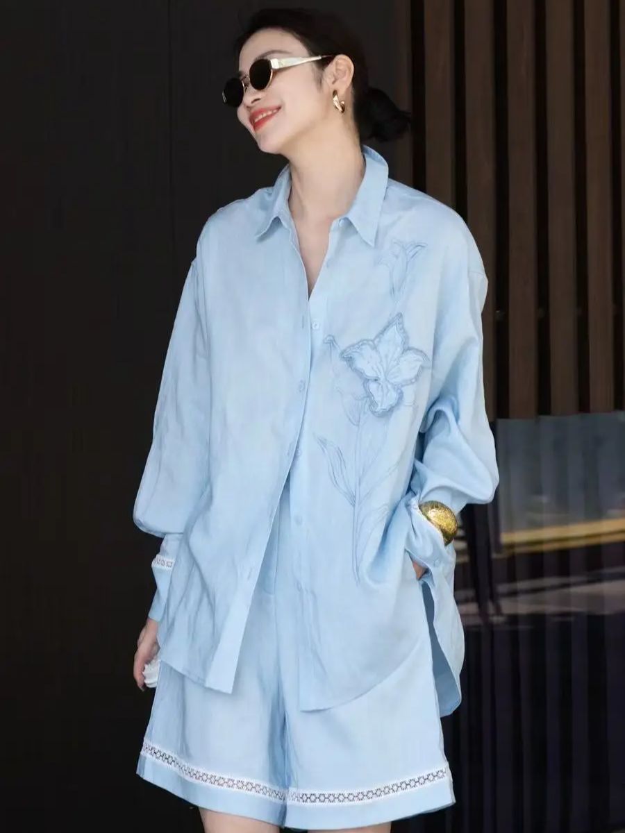 Elastic Lace Trim - Elegant women's breathable linen-lyocell short set