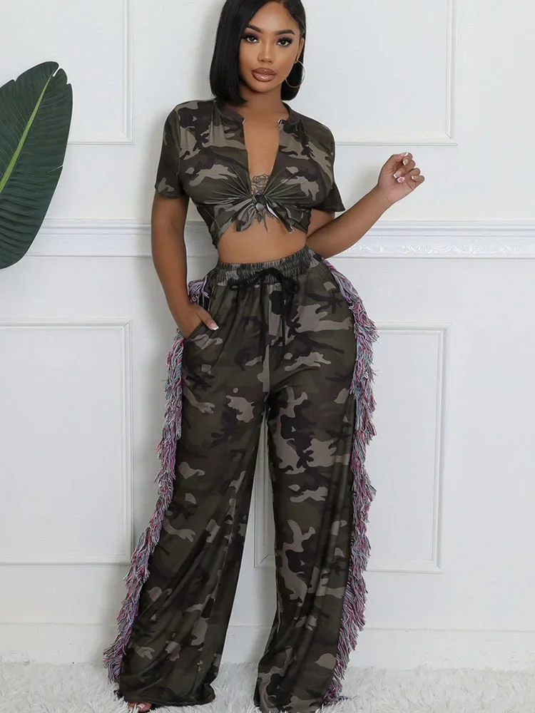 Tassel Fringe Trim - Camouflage Printed Two Piece Set Women