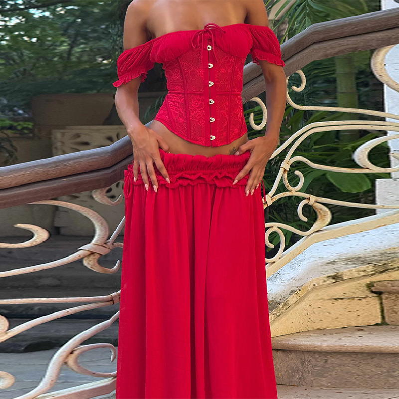 Chic Red Off Shoulder Corset T - Elastic Lace Trim บทวิจารณ์และราคา
