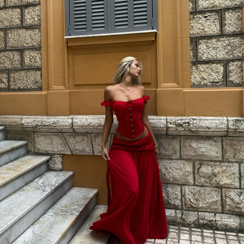 Chic Red Off Shoulder Corset T - Elastic Lace Trim บทวิจารณ์และราคา