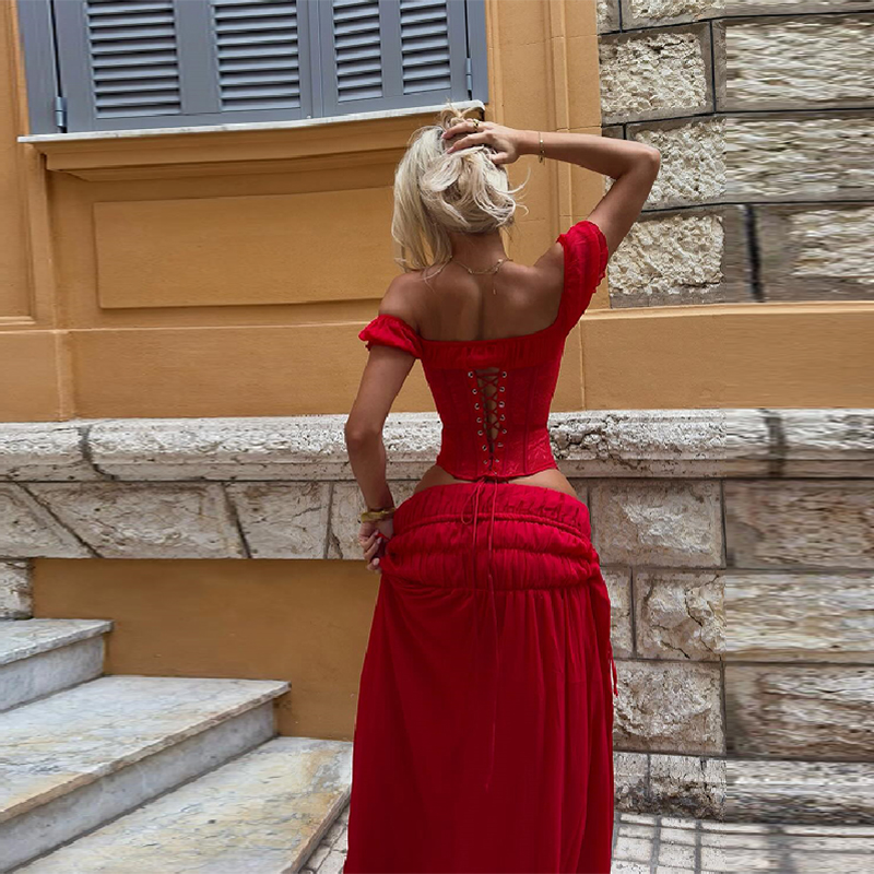 Chic Red Off Shoulder Corset T - Elastic Lace Trim บทวิจารณ์และราคา