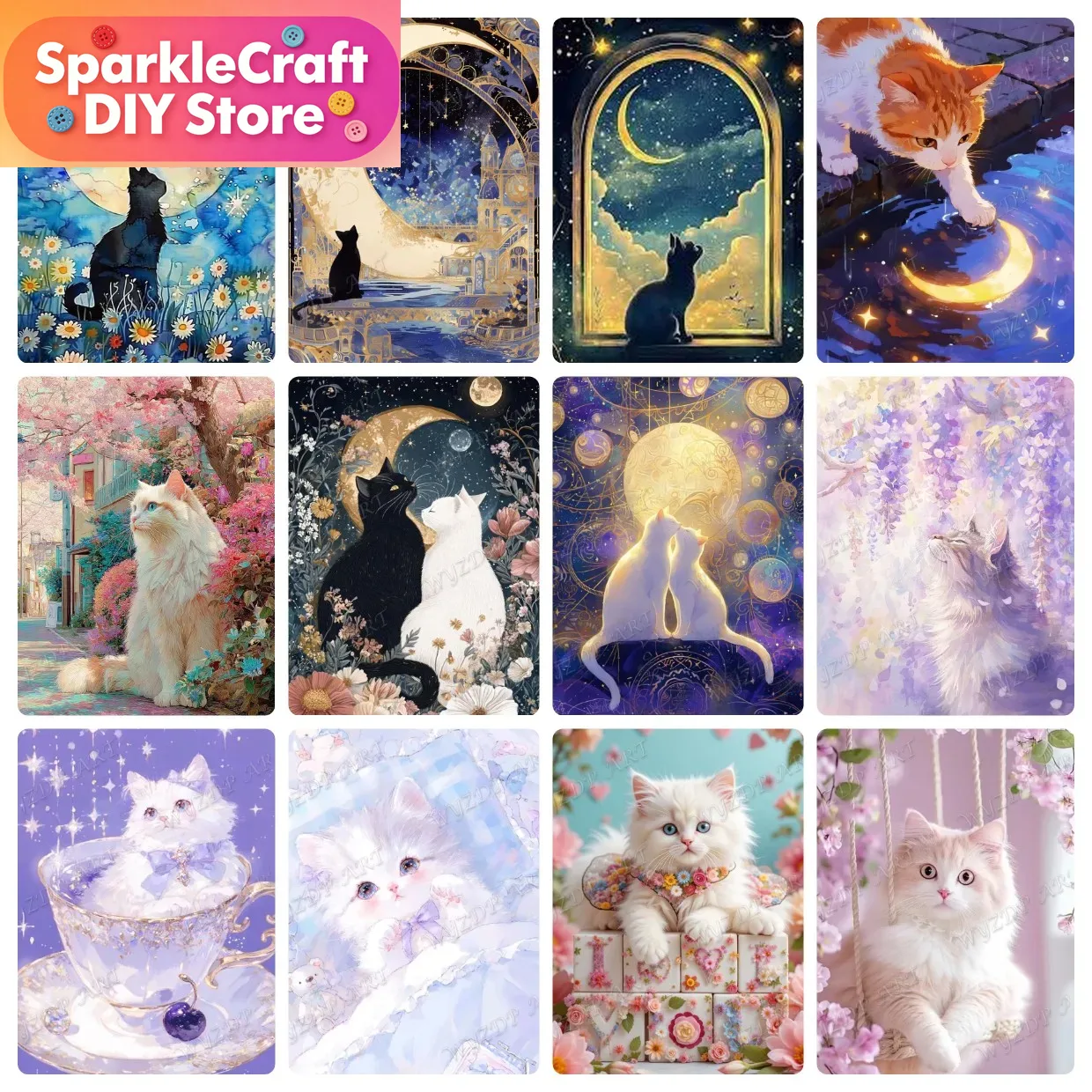 Animal Cat Moon Diamond Painti - Embroidery Embellishments บทวิจารณ์และราคา