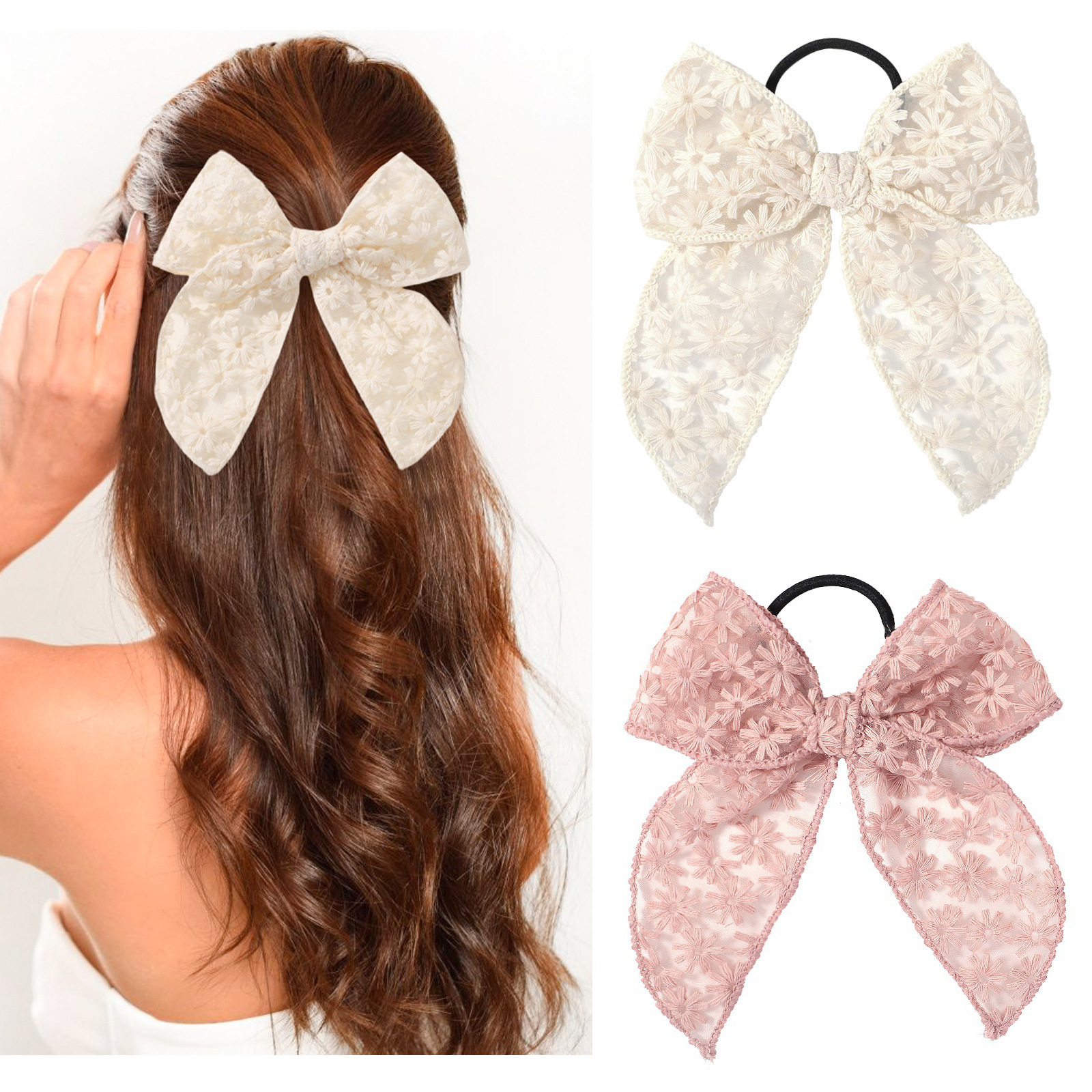 Elegant Lace Bow Hair Tie for  - Elastic Lace Trim บทวิจารณ์และราคา