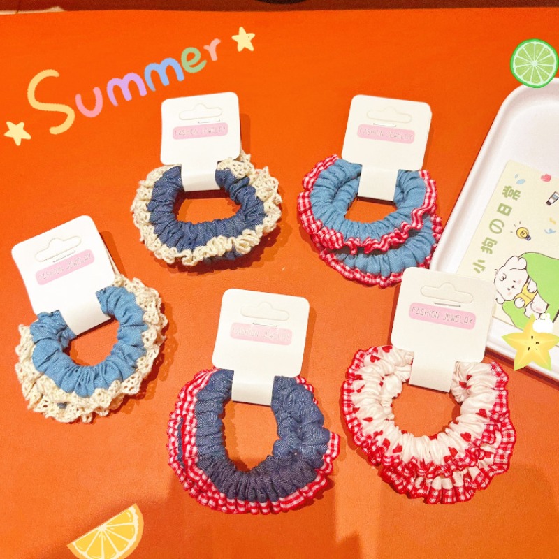 Lace Trim Denim Hair Ties Red  - Elastic Lace Trim บทวิจารณ์และราคา
