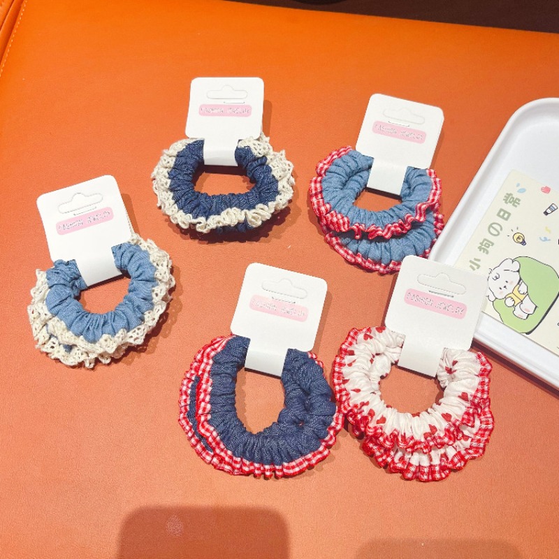 Lace Trim Denim Hair Ties Red  - Elastic Lace Trim บทวิจารณ์และราคา