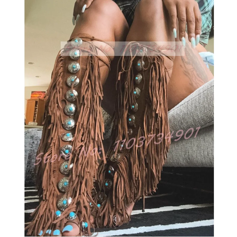 Tassels Open Toe Gems Knee Hig - Tassel Fringe Trim บทวิจารณ์และราคา