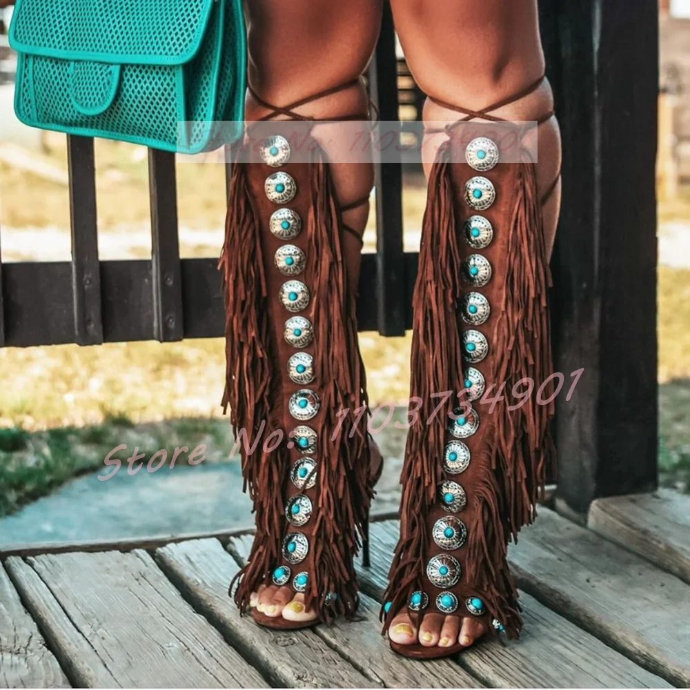 Tassels Open Toe Gems Knee Hig - Tassel Fringe Trim บทวิจารณ์และราคา