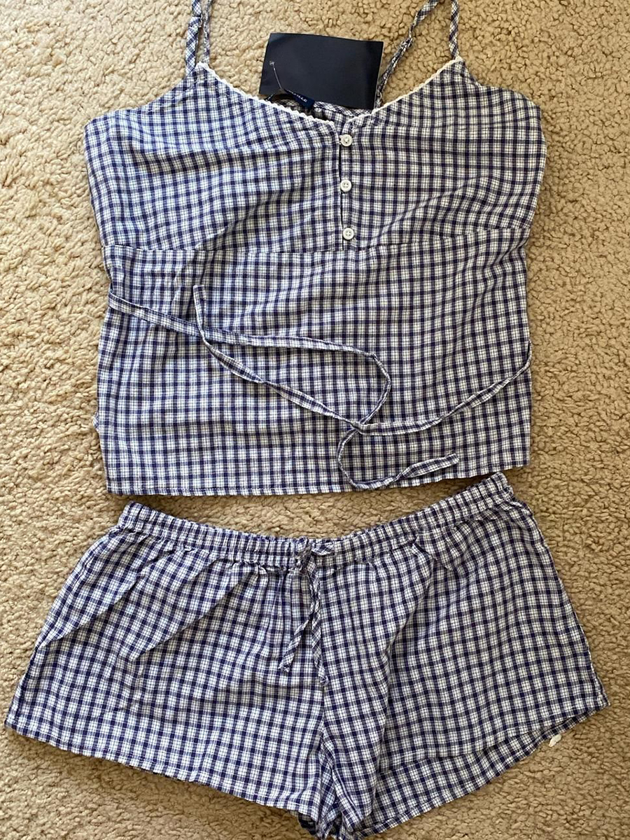Navy Plaid Tank Shorts 2 Piece - Elastic Lace Trim บทวิจารณ์และราคา