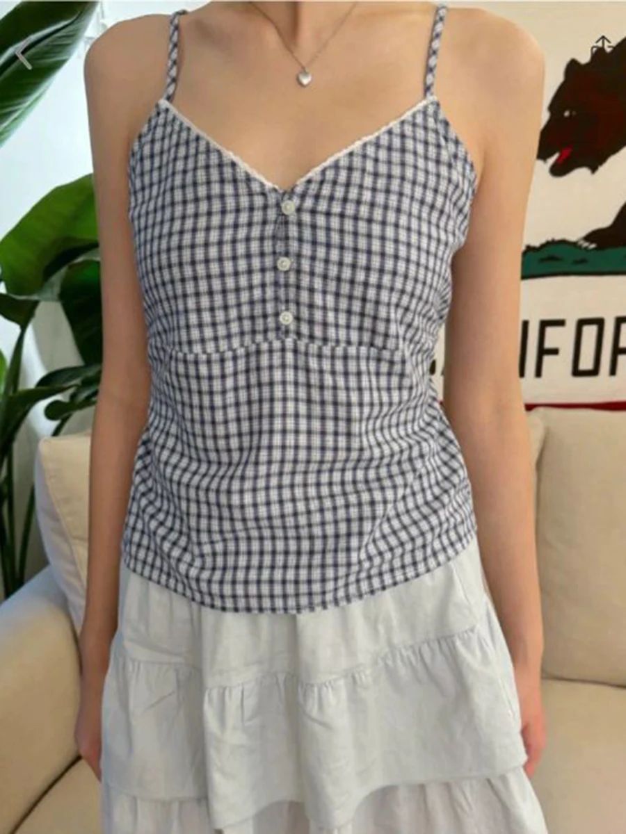 Navy Plaid Tank Shorts 2 Piece - Elastic Lace Trim บทวิจารณ์และราคา