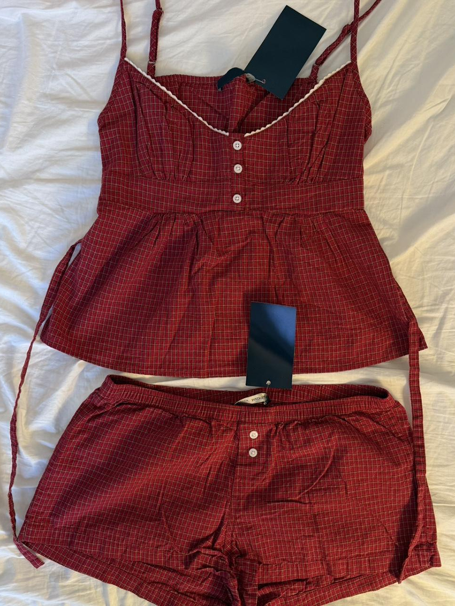 Red Plaid Buttons Tank Shorts  - Elastic Lace Trim บทวิจารณ์และราคา