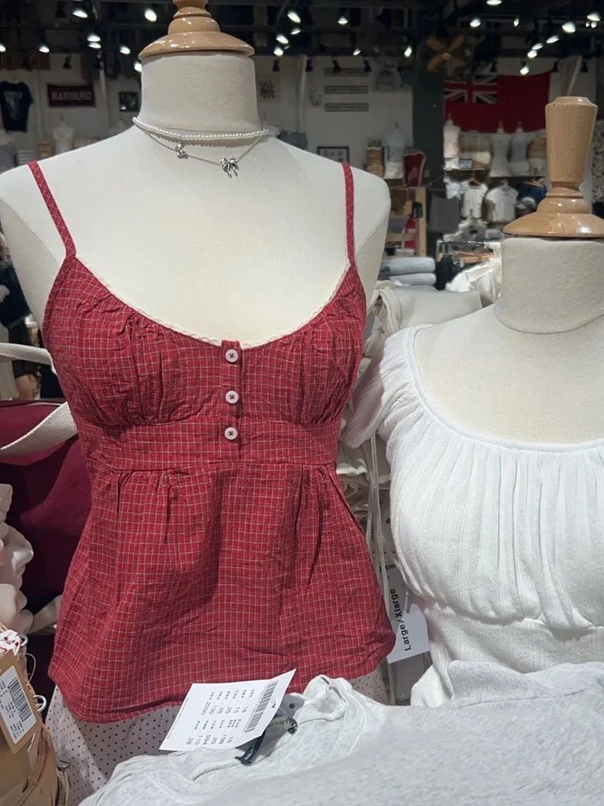 Red Plaid Buttons Tank Shorts  - Elastic Lace Trim บทวิจารณ์และราคา