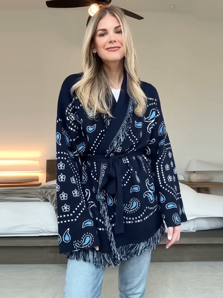 Elegant Print Tassel Cardigan  - Tassel Fringe Trim บทวิจารณ์และราคา