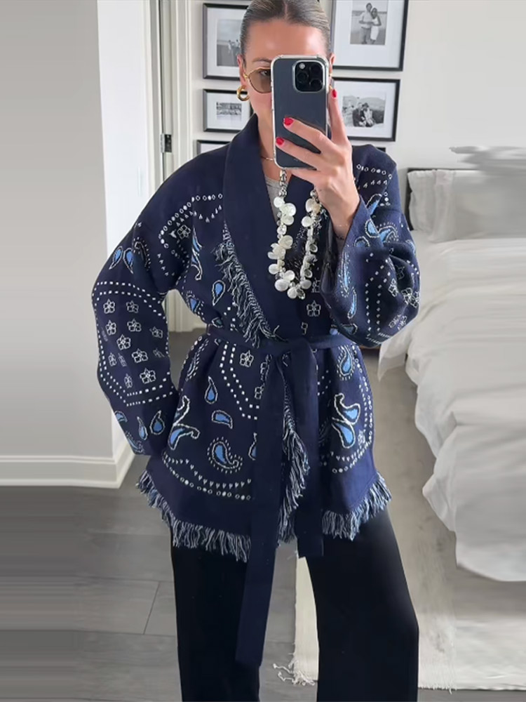 Elegant Print Tassel Cardigan  - Tassel Fringe Trim บทวิจารณ์และราคา