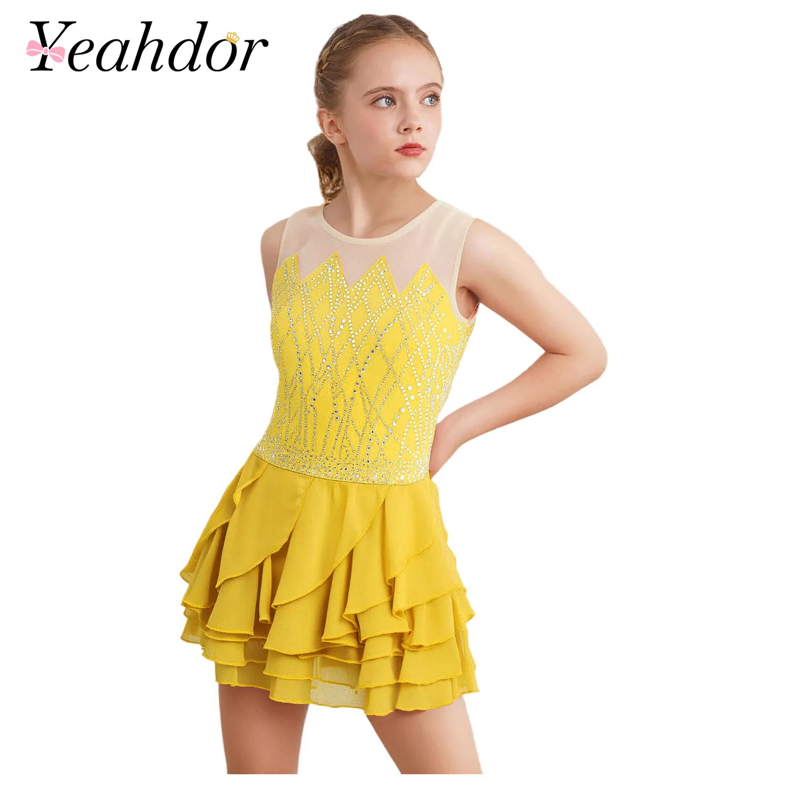 Girls Mesh Figure Skating Dres - Rhinestone Banding Trim บทวิจารณ์และราคา